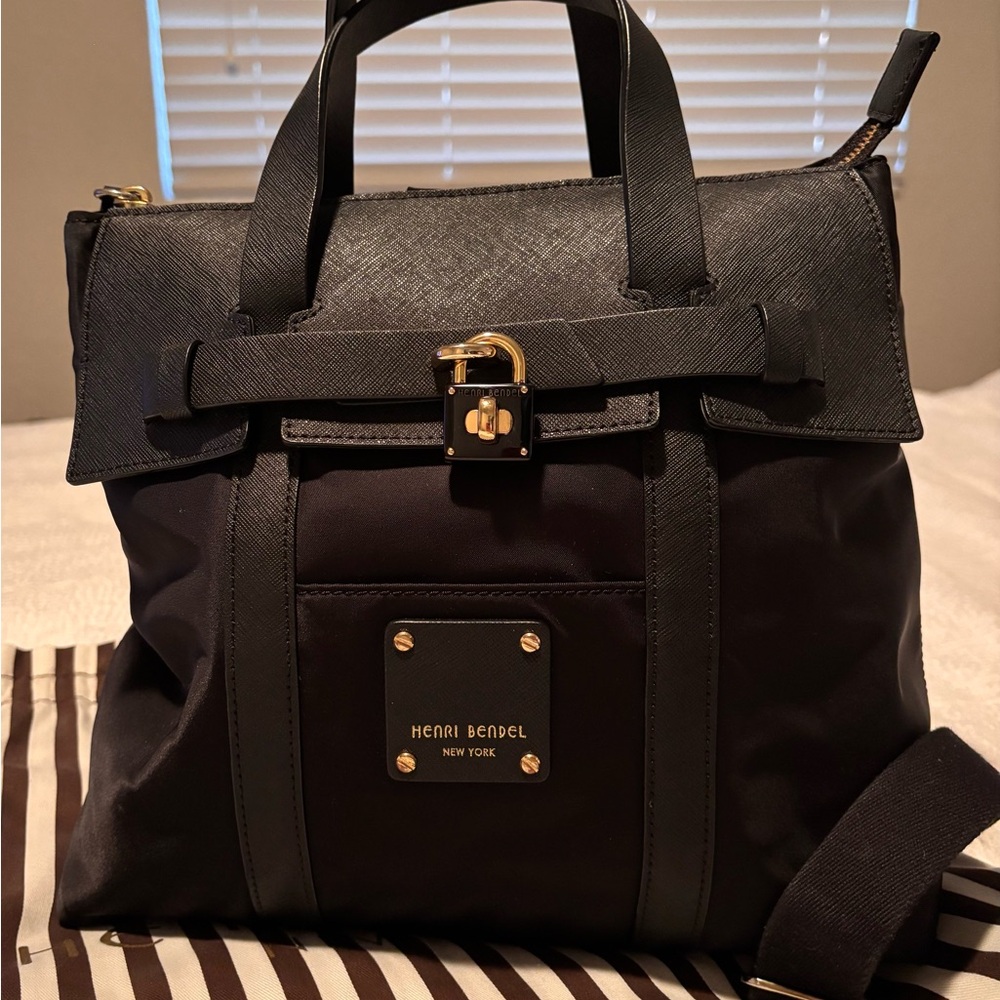 Henri Bendel Black Nylon & Saffiano Leather Backpack